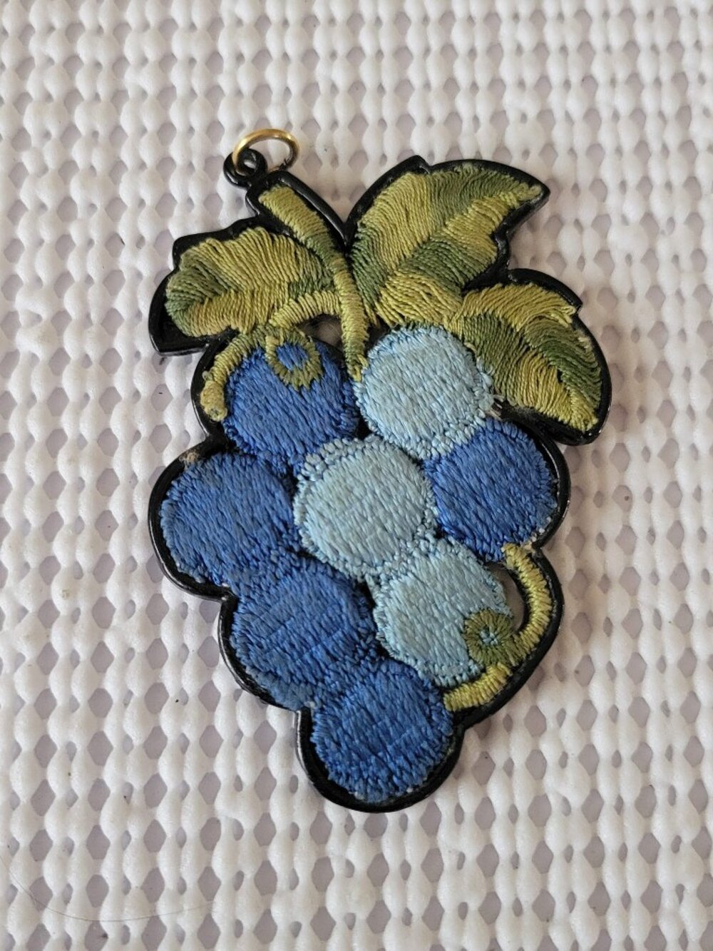 BJ Signed Blue Grape Bunch Embroidered Metal Charm Pendant Wearable Jewelry